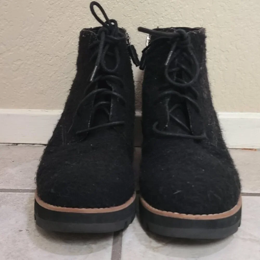 EILEEN FISHER FELTED WOOL BOOTIES ZIPPER LACE-UP WEDGE HEEL sz 7.5
